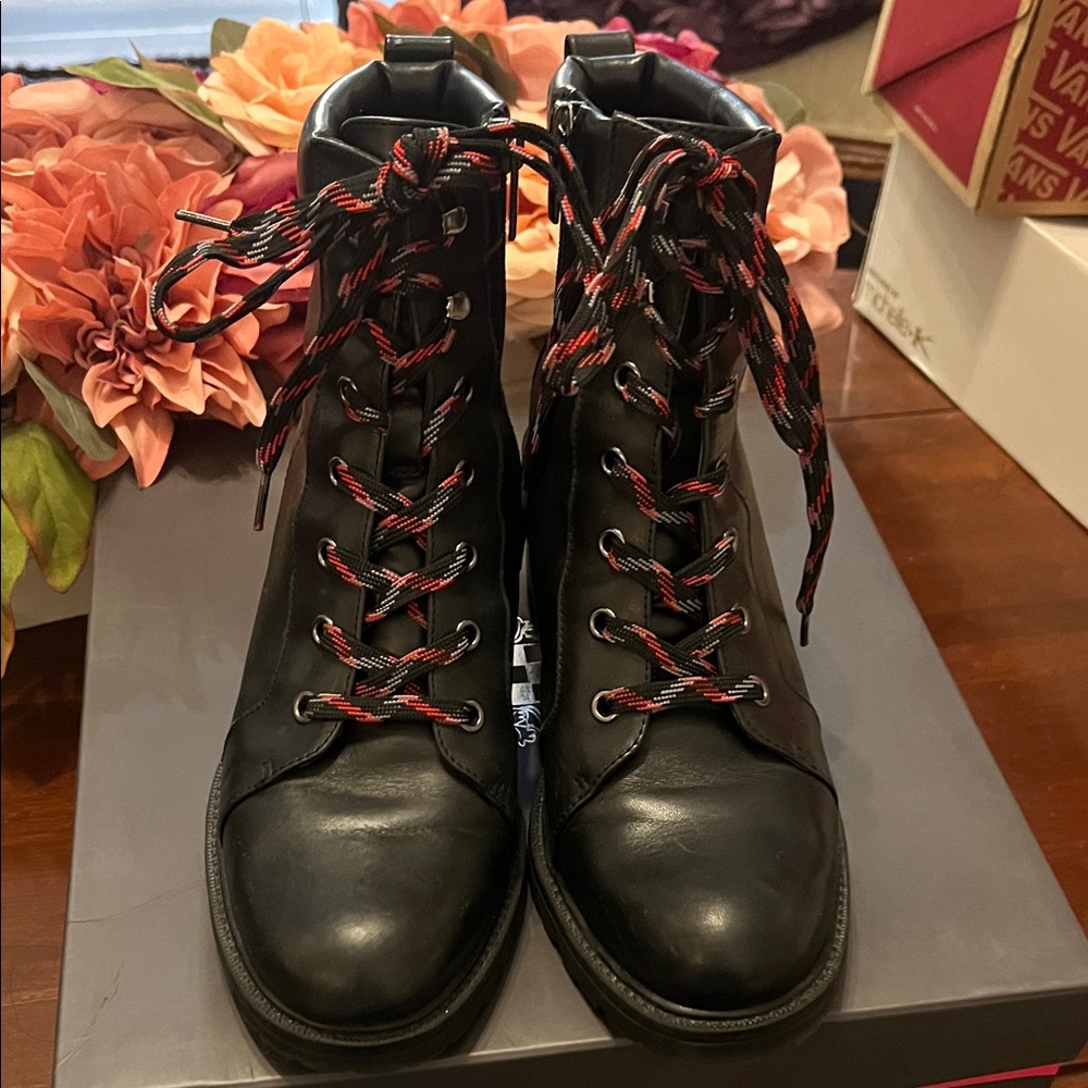 Vince Camuto Black Combat Boots with Red Laces 7.5